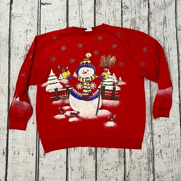 Vintage 1980s Snowman Christmas Holiday Time 80s Crewneck Sweatshirt - Picture 1 of 8